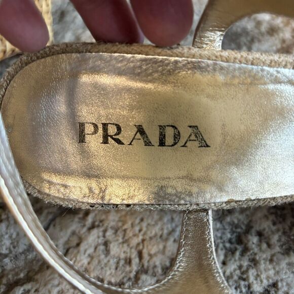 PRADA Vintage Gold Leather Slingback Basket Weave 4" Wedge Heels Sandals 40/9.5 - Picture 6 of 9